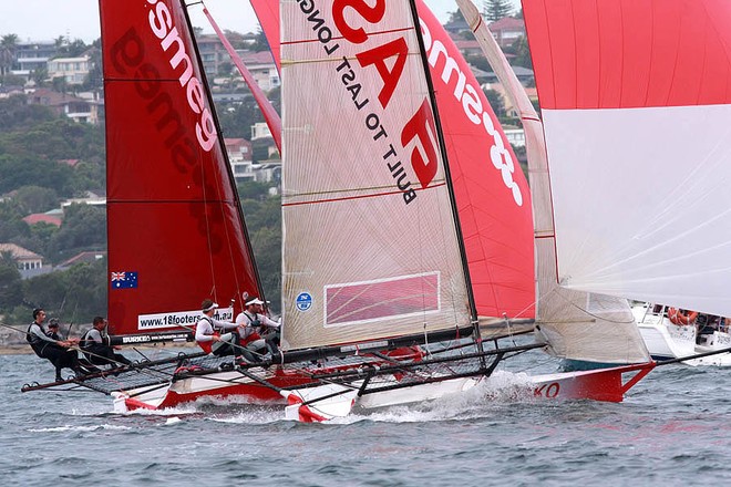 Smeg & Asko close on the run - Giltinan 18ft Skiff Championship 2012 © Frank Quealey /Australian 18 Footers League http://www.18footers.com.au